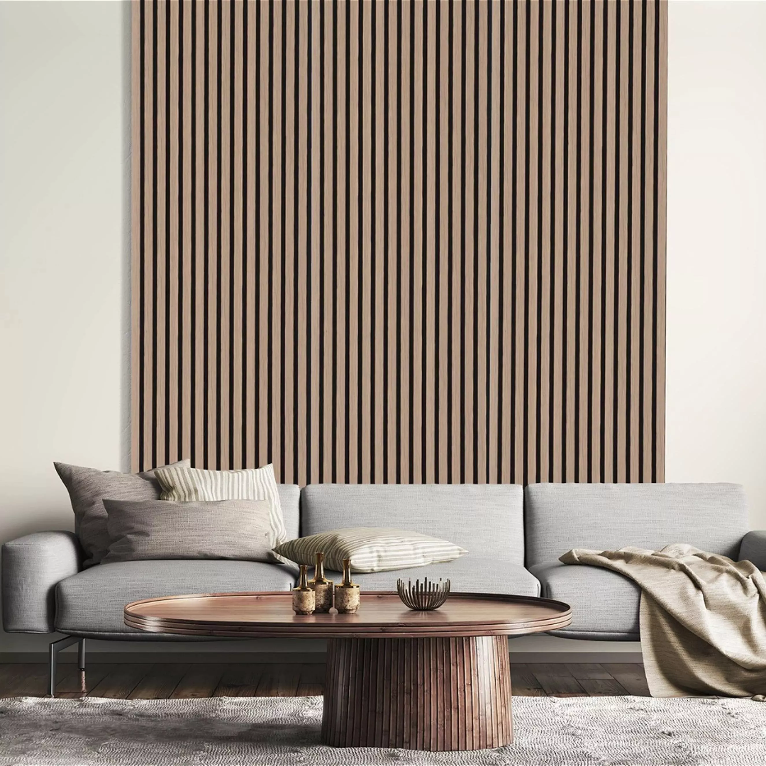 Paneles acústicos 3D Neuhofer de MDF de 2400 x 572,5 x 19 mm, revestimiento de pared de roble natural, fonoabsorbente y sostenible.