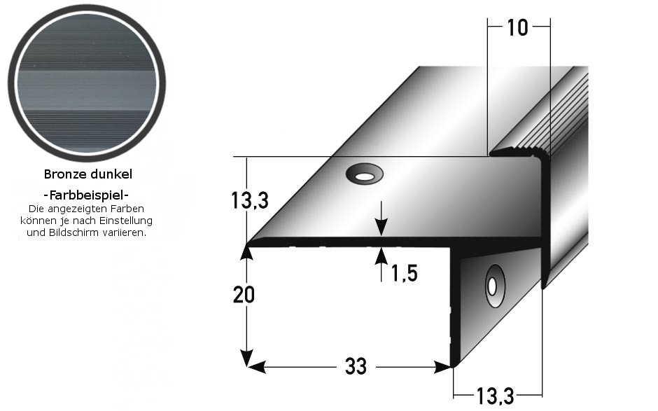 Laminat-Parkett-Treppenkante / Winkelprofil "Cardale", Einfasshöhe 13,3 mm, 33 mm breit, Aluminium eloxiert, gebohrt-bronze dunkel-1 (Default)