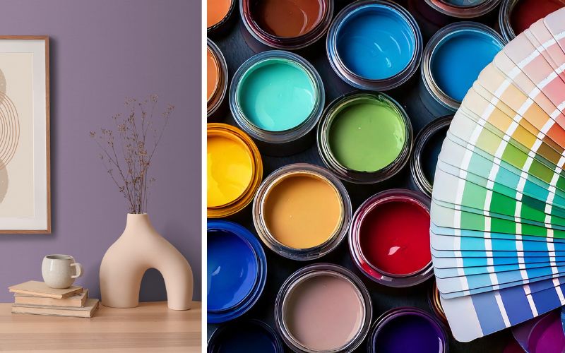 Tadessi Wandfarben für kreative Raumgestaltung: links ein modernes Interieur mit einer eleganten Wand in tiefem Violettton, kombiniert mit minimalistischer Deko für stilvolle Akzente, rechts eine große Auswahl an kräftigen und dezenten Farbnuancen in Farbtöpfen und Fächerkarten, die vielfältige Gestaltungsmöglichkeiten für jedes Zuhause eröffnen