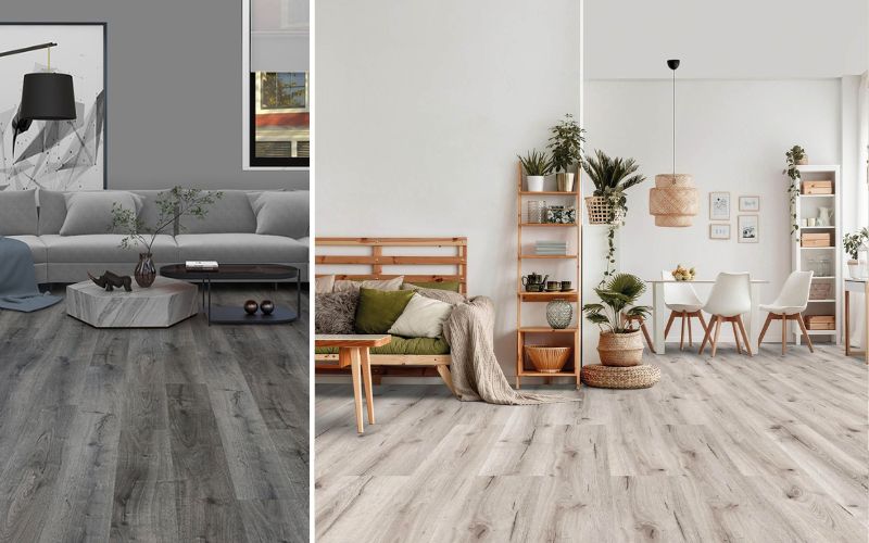 Dunkles Laminat für stilvolle Wohnräume: links modernes Wohnzimmer mit grauem Sofa, dunklem Laminatboden und geometrischem Couchtisch, rechts hell eingerichtetes Ess- und Wohnzimmer mit Pflanzen, Holzregalen und kontrastreichem dunklem Laminat in grauer Holzoptik 