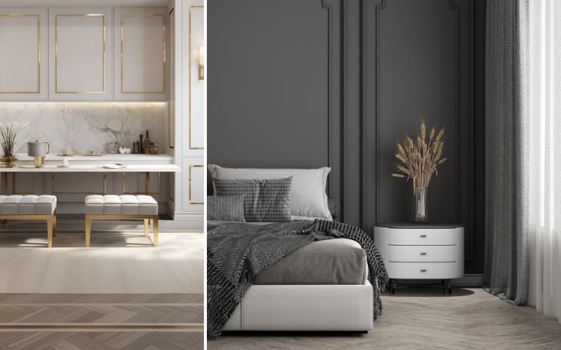 Parkett grau für moderne Eleganz: links ein edler Essbereich mit hellgrauem Parkett und goldenen Akzenten, die dem Raum eine luxuriöse Ausstrahlung verleihen, rechts ein stilvolles Schlafzimmer mit dunkelgrauen Wänden und grauem Parkettboden, der die ruhige, zeitlose Atmosphäre unterstreicht 
