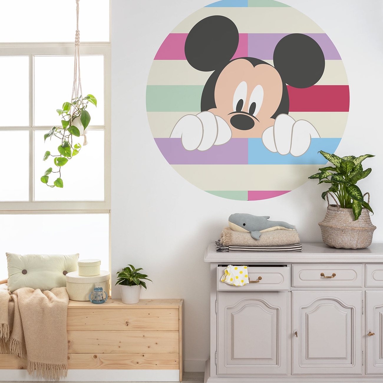 Papel pintado fotográfico Komar Disney Dot Mickey Peek-a-boo 125 x 125 cm, tejido no tejido, autoadhesivo, dibujo animado de Mickey Mouse