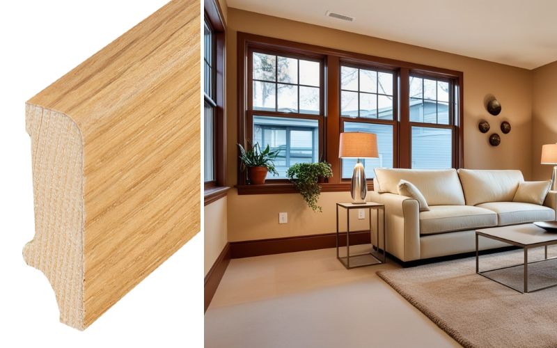 Massivholz Sockelleisten: links Detailaufnahme einer naturbelassenen Holzleiste, rechts ein Wohnzimmer mit braunen Massivholz-Sockelleisten als eleganter Abschluss zur Wand
