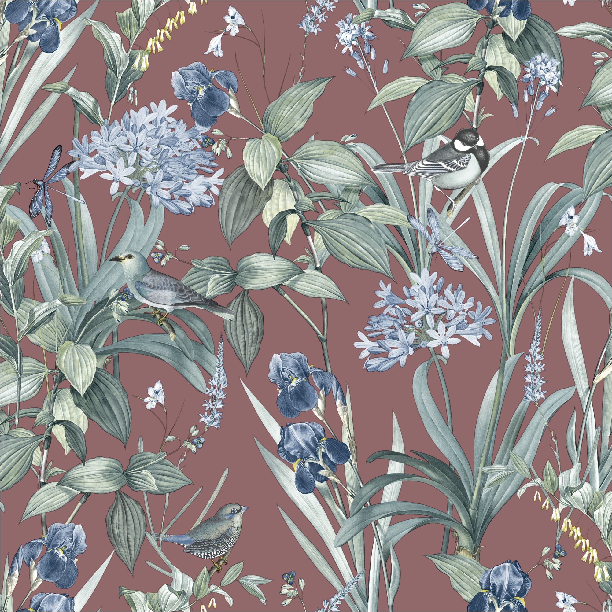 Papel pintado no tejido M64710 Botanique Flores Rojas Pájaros No tejido 0,53 x 10,05 m Ugépa