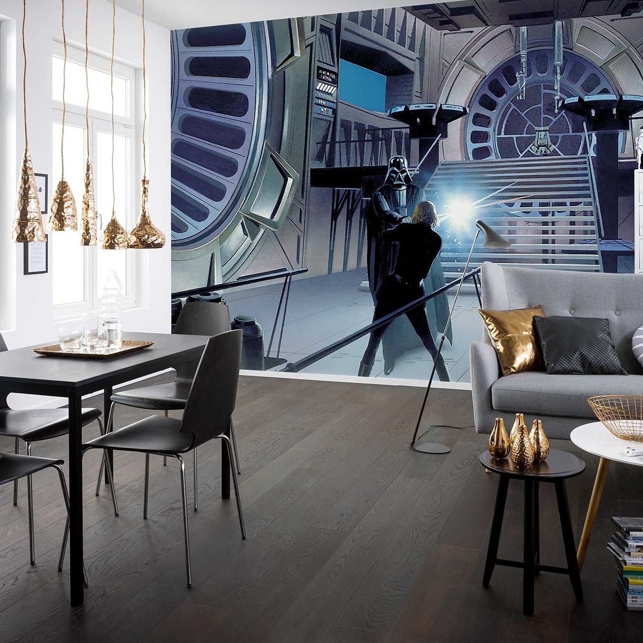 Papel pintado fotográfico Komar Star Wars Duelo Sala del Trono 250 x 500 cm Tejido no tejido Duelo Jedi Luke Skywalker Darth Vader