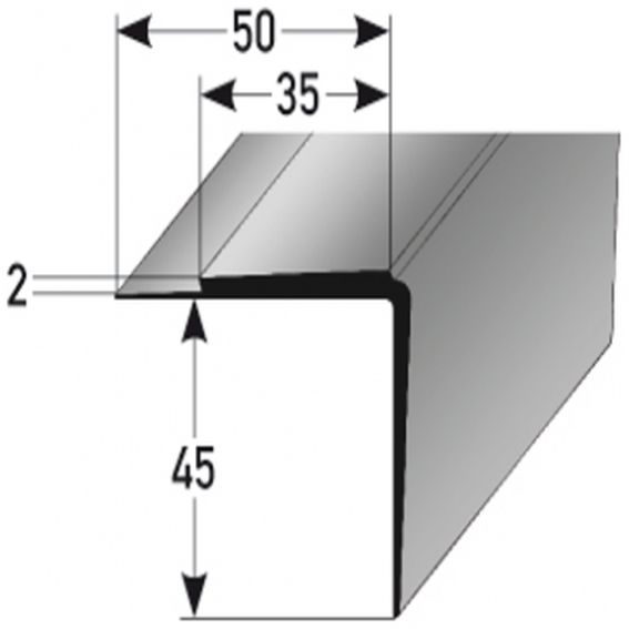 Perfiles de canto y ángulo para escaleras PROVISTON Belver. Dimensiones: 47 mm de alto, 50 mm de ancho, 2500 mm de largo. Altura del canto: 2 mm.