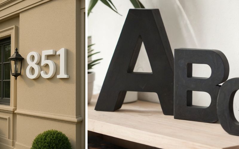 Dekobuchstaben für Haus und Wohnung: links Hausnummer 851 an der Fassade, rechts dekorative Holzbuchstaben A, B und C auf einem Regal