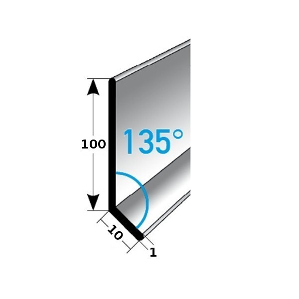Fußleiste / Sockelleiste (TYP 1) aus Edelstahl, Höhe: 1 mm, mit verschiedenen Breiten, Materialstärken und Befestigungsarten, Winkel: 135°-gebohrt-1 mm-1 mm (Default)