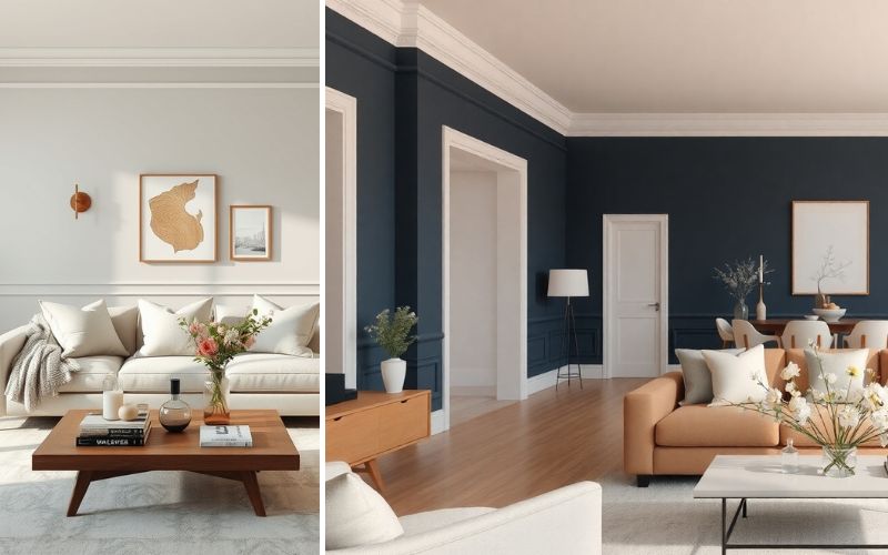 Stuckleisten aus Gips in eleganten Wohnräumen: links helles Wohnzimmer mit weißen Gipsprofilen an Decke und Wandrahmen über dem Sofa, rechts großzügiger Raum mit dunkelblauen Wänden und markanten weißen Gips-Gesimsen und Zierprofilen 