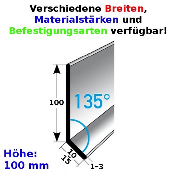 Fußleiste / Sockelleiste (TYP 1) aus Edelstahl, Höhe: 1 mm, mit verschiedenen Breiten, Materialstärken und Befestigungsarten, Winkel: 135° (Default)