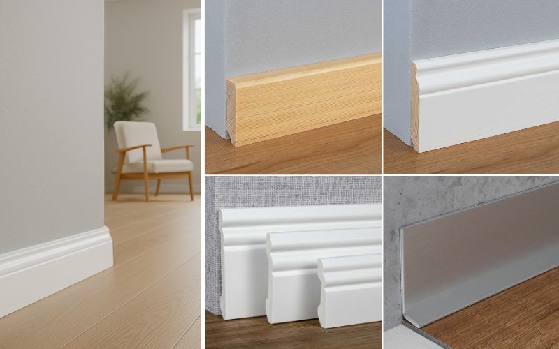 Sockelleisten in verschiedenen Materialien und Designs: links ein Raum mit weißer profilierter Sockelleiste auf hellem Boden; oben mittig eine naturfarbene Massivholzleiste; oben rechts eine weiße MDF-Sockelleiste mit Profil; unten mittig mehrere weiße Profilleisten im Vergleich; unten rechts eine Aluminium-Sockelleiste an Betonwand