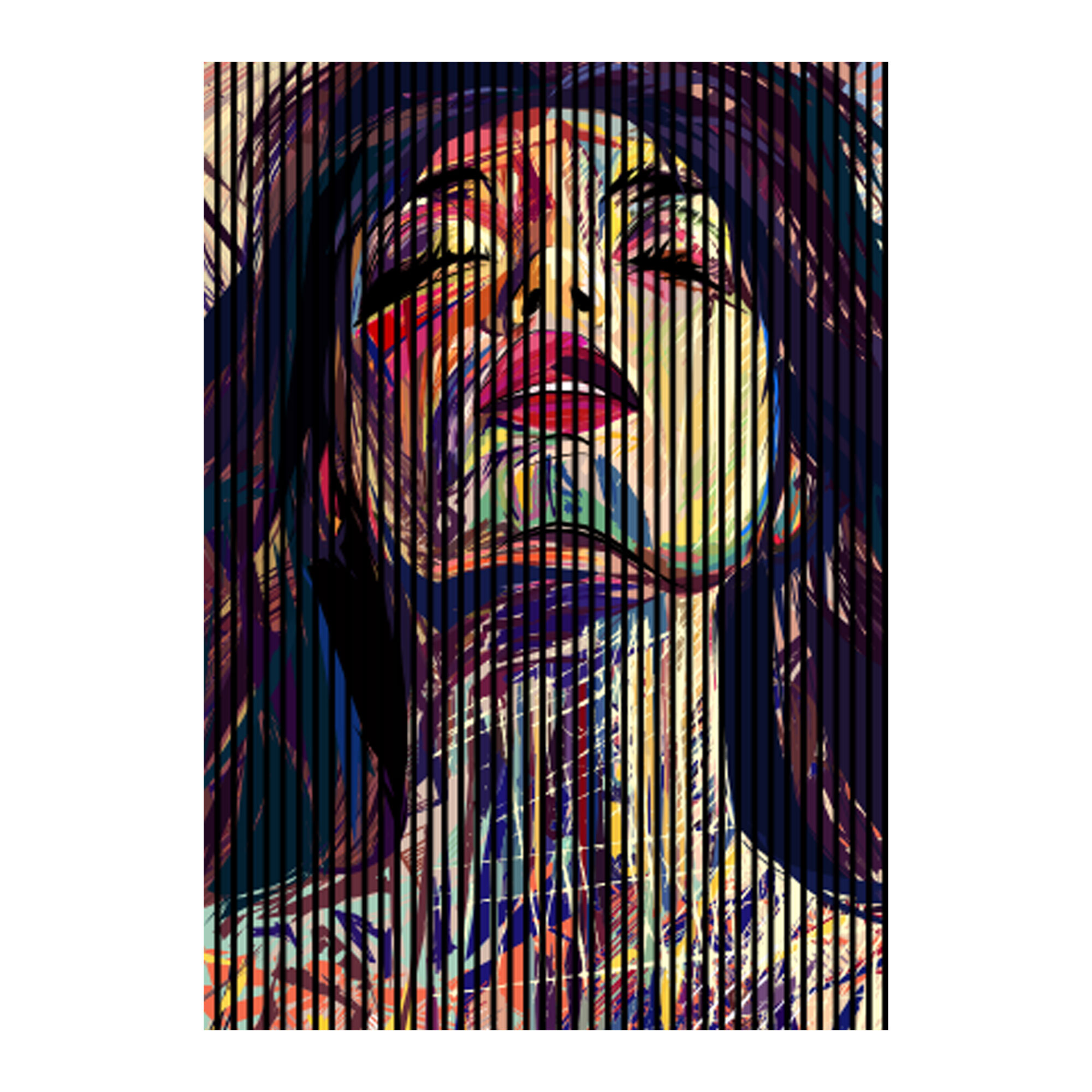 Paneles acústicos con impresión digital del rostro de una mujer, paneles murales en negro y amarillo, disponibles en varios tamaños.