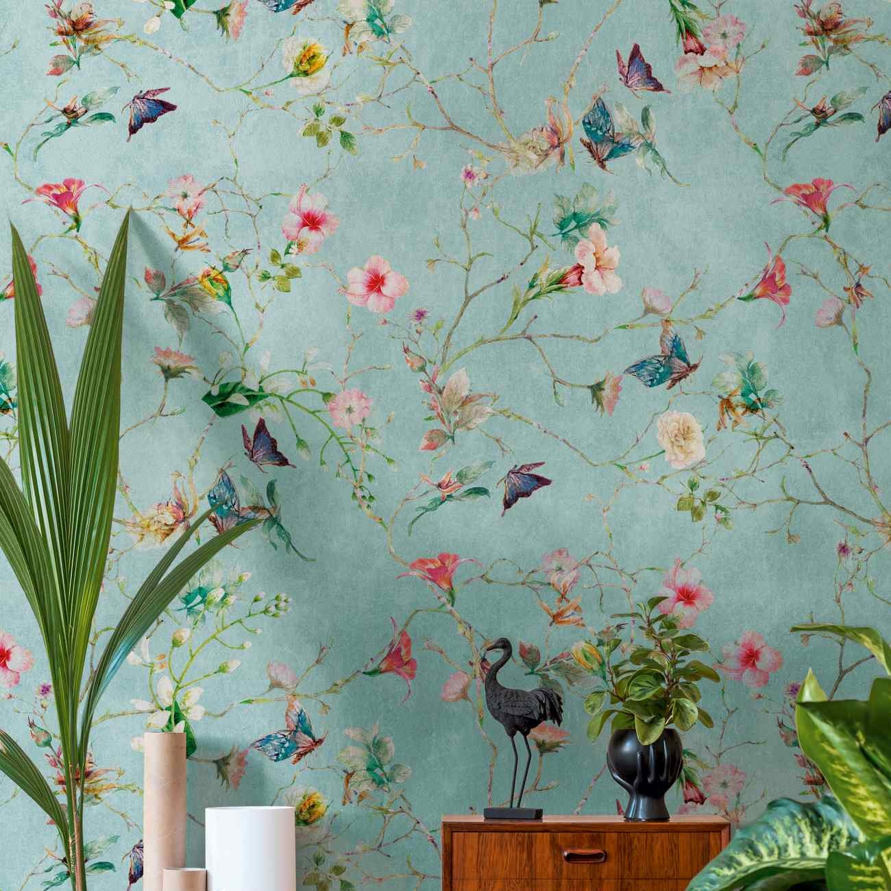 Papel pintado fotográfico A.S. Creation The Wall 382681 Un motivo por rollo Diseño floral Turquesa