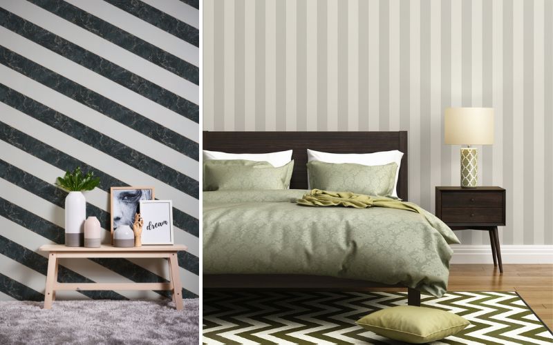 Streifentapeten in modernem Look: links diagonale Streifen in Creme und Dunkelgrün mit leichtem Marmor-Effekt hinter Bank und Deko, rechts vertikale beige Streifentapete im Schlafzimmer mit Bett und Nachttischlampe
