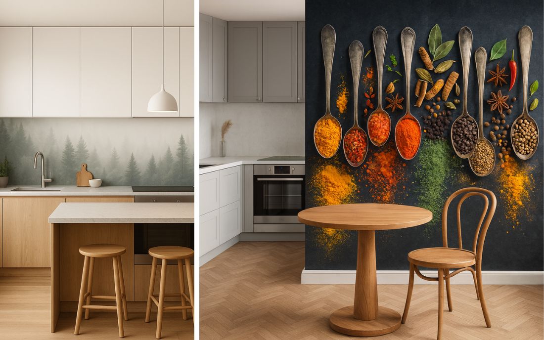 Fototapete Küche: links moderne Küche mit Wald-Motiv als dezente Fototapete im Bereich der Rückwand, die Ruhe und Natürlichkeit ausstrahlt, rechts auffällige Fototapete mit farbenfrohen Gewürzen auf dunklem Hintergrund, die eine lebendige und kreative Atmosphäre in die Küche bringt. 