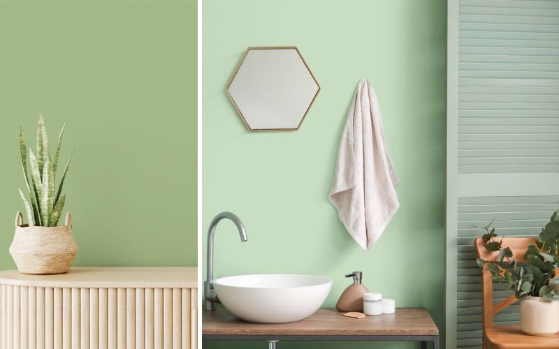 Frische Wandfarbe in Mintgrün: links dekorativer Pflanzkorb vor grüner Wand, rechts modernes Badezimmer mit Waschbecken, Spiegel und Handtuch