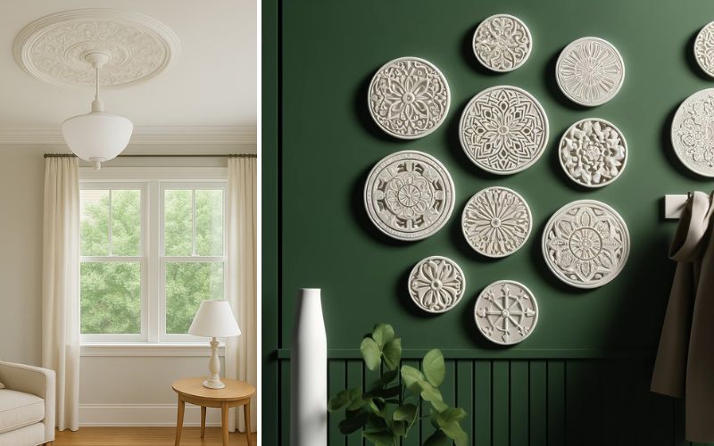 Styropor Rosetten in klassischem Wohnstil: links Deckenrosette mit Leuchte in hellem Zimmer, rechts mehrere weiße Styropor-Rosetten als Wanddeko auf dunkelgrüner Wand 