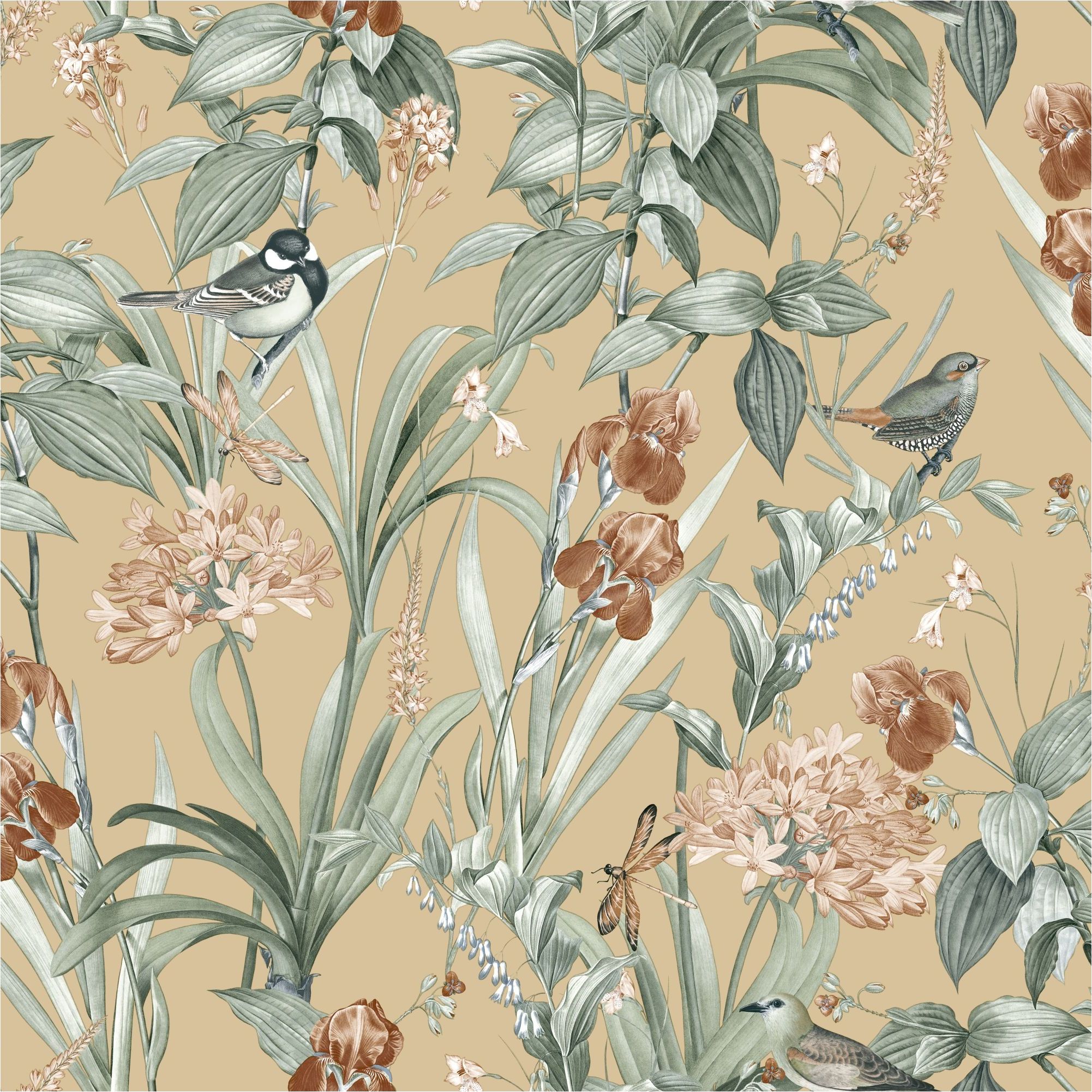 Papel pintado no tejido M64792D Botanique Flores amarillas Pájaros No tejido 1,06 x 10,05 m Ugépa