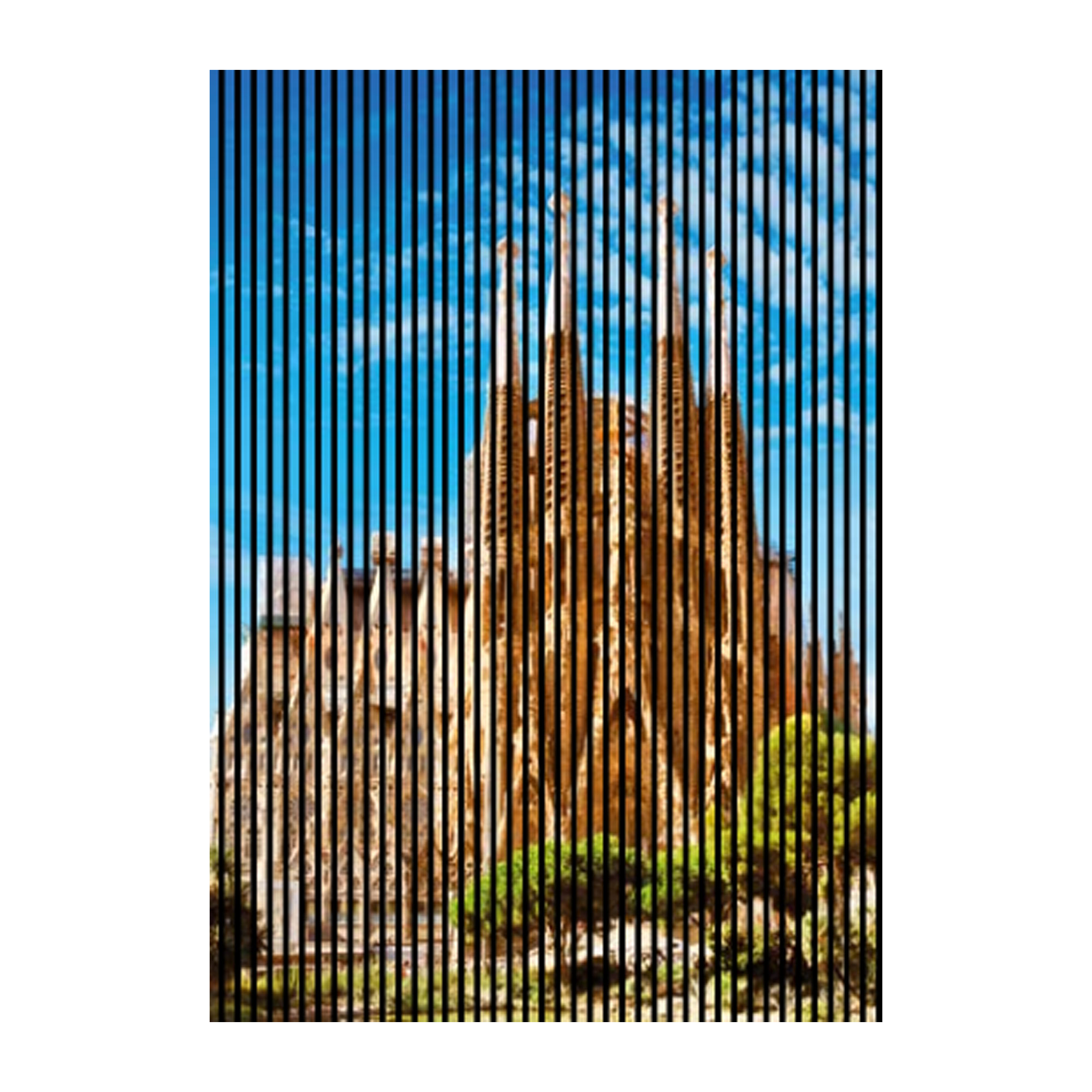 Paneles acústicos con impresión digital de la Iglesia de Barcelona, ??paneles murales en azul y marrón, disponibles en varios tamaños.