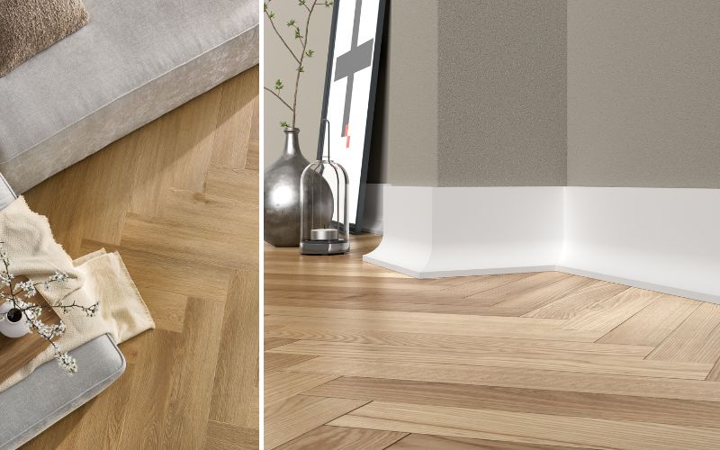 Parkett in heller Eiche: links Fischgrät-Parkett in Nahaufnahme neben Sofa und Decke, rechts Wohnzimmer mit weißer Sockelleiste als eleganter Abschluss