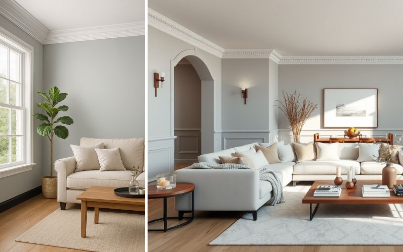 Stuckleisten Styropor in hellen Wohnräumen: links Wohnzimmer mit weißem Styropor-Deckenprofil und Fensterumrandung, rechts großzügiger Raum mit L-förmigem Sofa, Wandpaneelen und ausdrucksstarken Styropor-Stuckleisten an Decke und Durchgangsbogen 
