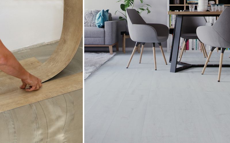 Klebevinyl Bodenbelag: links das Verlegen von Vinylplanken mit Kleber auf dem Untergrund, rechts ein modernes Wohnzimmer mit hellem Klebe Vinyl Boden im Essbereich