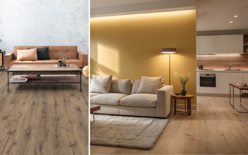 Laminat in Braun für warme Wohnakzente: links rustikales Wohnzimmer mit braunem Laminatboden, Ledersofa und Couchtisch im Industrial-Style, rechts moderner Wohnbereich mit hellem braunem Laminat, gemütlichem Sofa und indirekter Beleuchtung