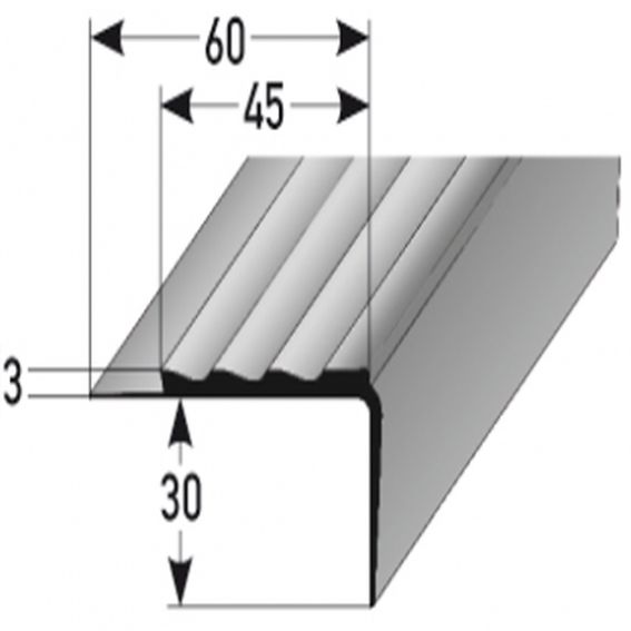 Perfiles de canto y ángulo para escaleras Auer Macao. Dimensiones: 33 mm de alto, 60 mm de ancho, 2500 mm de largo. Altura del canto: 3 mm.