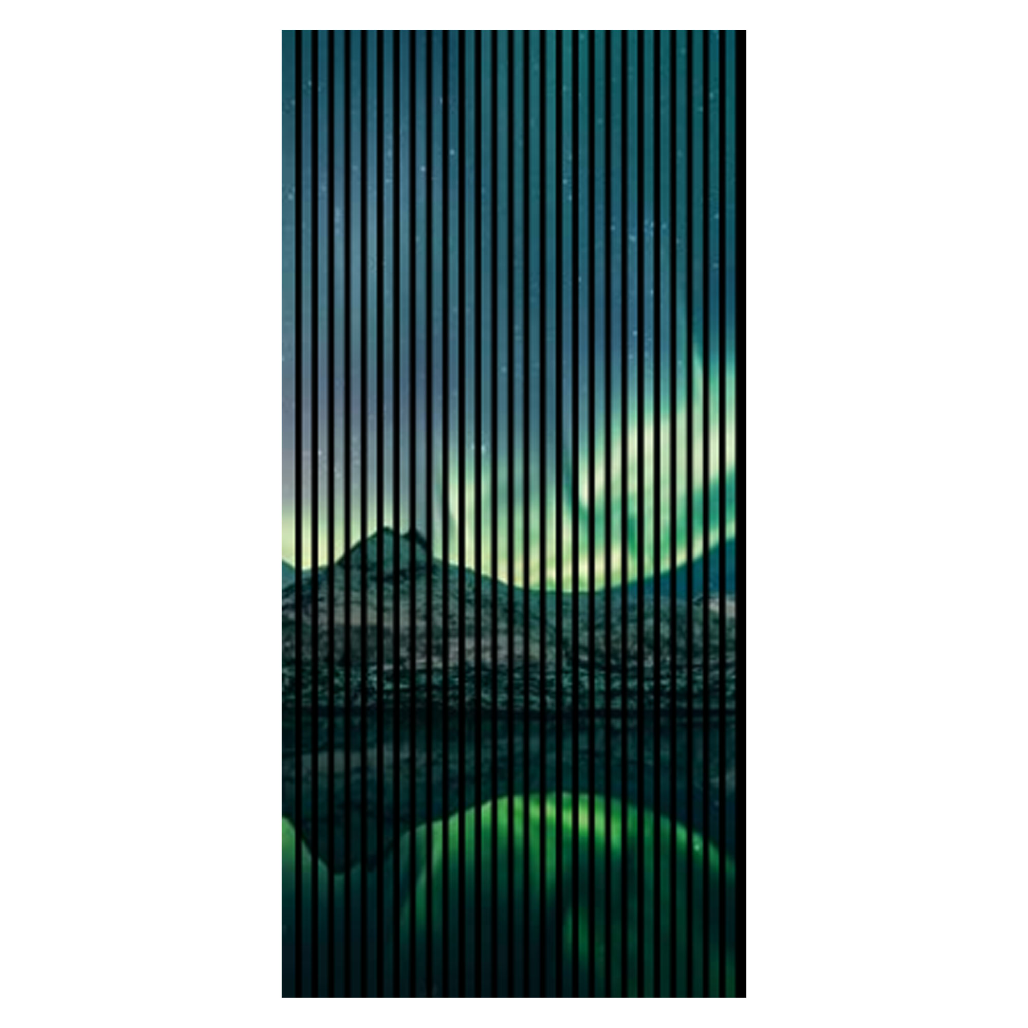 Paneles acústicos con impresión digital de auroras boreales, agua, montañas, paneles de pared verdes y azules en varios tamaños.