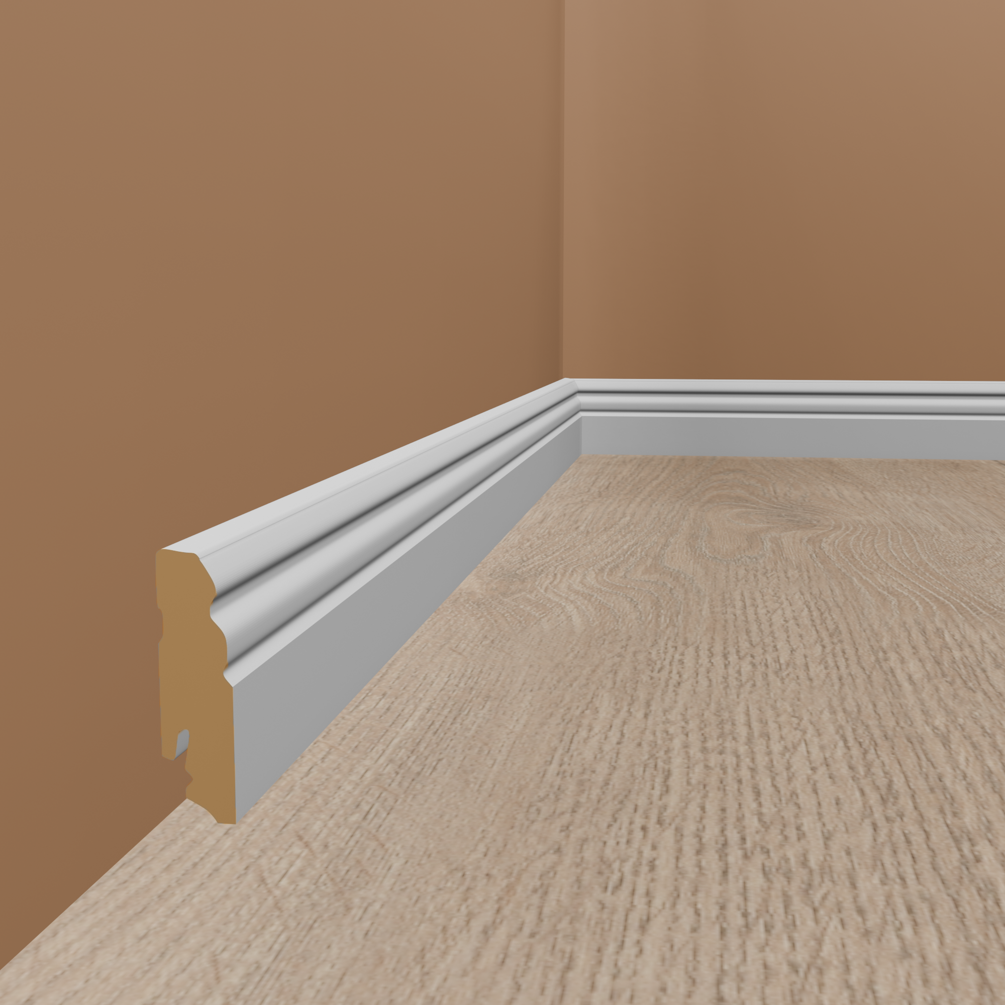 Rodapié PROVISTON de MDF 18 x 70 x 2400 mm, acabado en lámina blanca, perfil Berlín