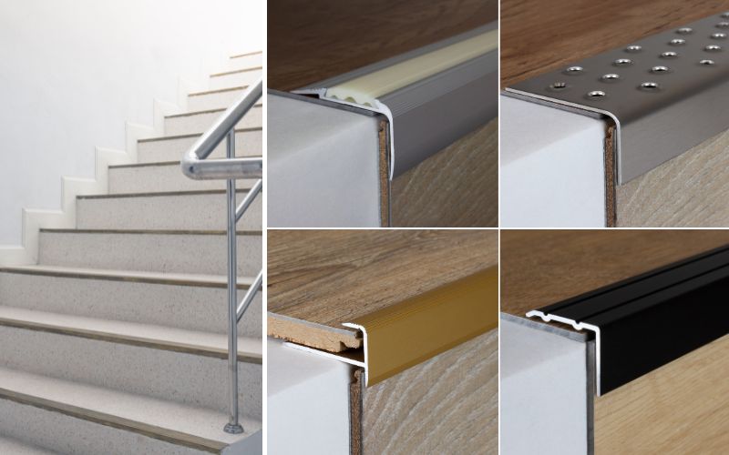 Treppenkantenprofile für Sicherheit und Design: links eine moderne Treppe mit klaren Linien, rechts verschiedene Profilvarianten in Aluminium, Gold, Schwarz und mit Rutschschutz für stabile und optisch ansprechende Stufenabschlüsse 