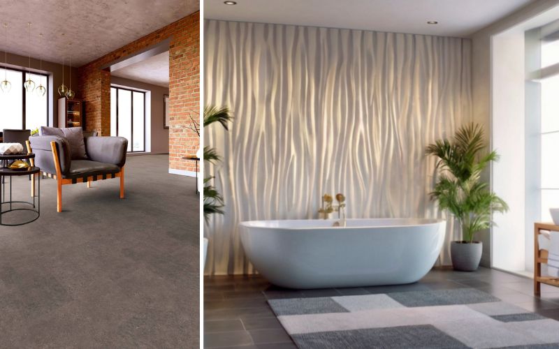 Vinylboden in Fliesenoptik für moderne Raumgestaltung: links in urbanem Loft-Stil mit grauer, puristischer Steinoptik, rechts im Bad mit stilvoller Fliesenoptik kombiniert mit einer strukturierten Akzentwand – pflegeleicht, robust und elegant