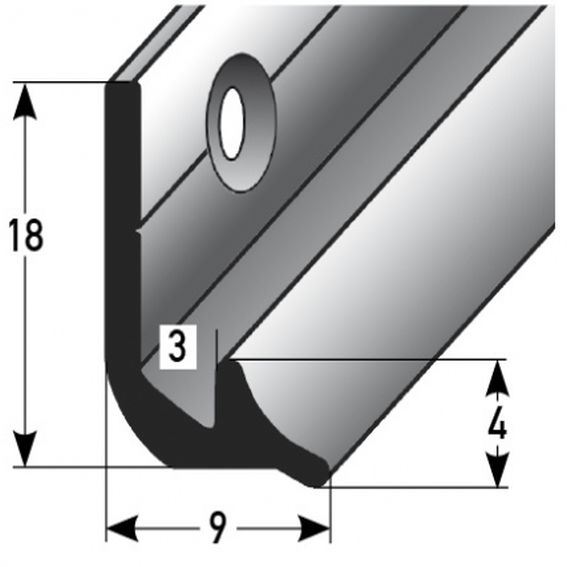 Perfiles de canto y ángulo para escaleras Auer Sarnia, 18 mm de alto, 9 mm de ancho, altura del canto 3 mm, aluminio anodizado