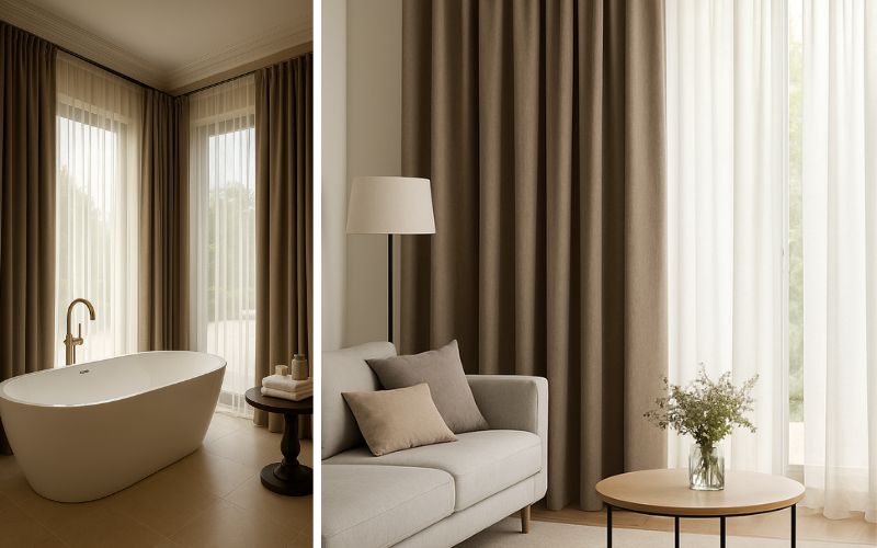 Vorhänge & Gardinen – stilvolle Fensterdekoration: links im Bad mit bodenlangen Vorhängen für Privatsphäre und Gemütlichkeit, rechts im Wohnzimmer als elegante Kombination aus lichtdurchlässigen Gardinen und blickdichten Vorhängen – funktional und dekorativ zugleich 
