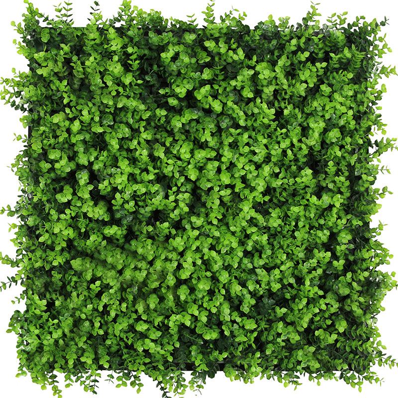 Panel acústico modular JANGAL de 520 x 520 x 50 mm con diseño verde mixto y pared vegetal de boj.