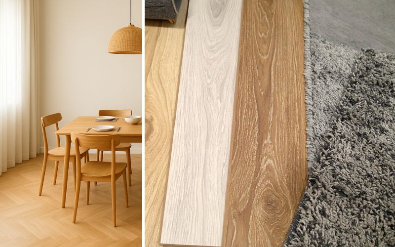 Moderner Bodenbelag in Holzoptik: links ein Esszimmer mit hellem Fischgrätboden, rechts verschiedene Holzdekore von Bodenbelägen neben einem grauen Teppich