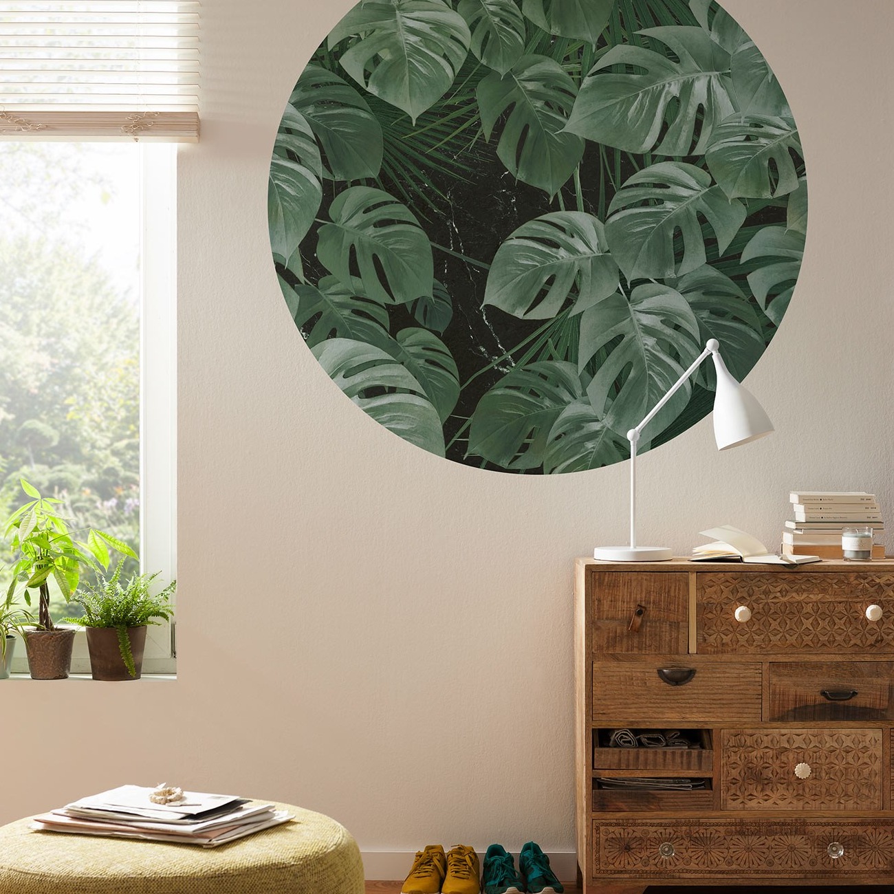 Papel pintado fotográfico Komar Disney Dot Novel Monstera 125 x 125 cm, tejido no tejido autoadhesivo, diseño floral de flores y hojas
